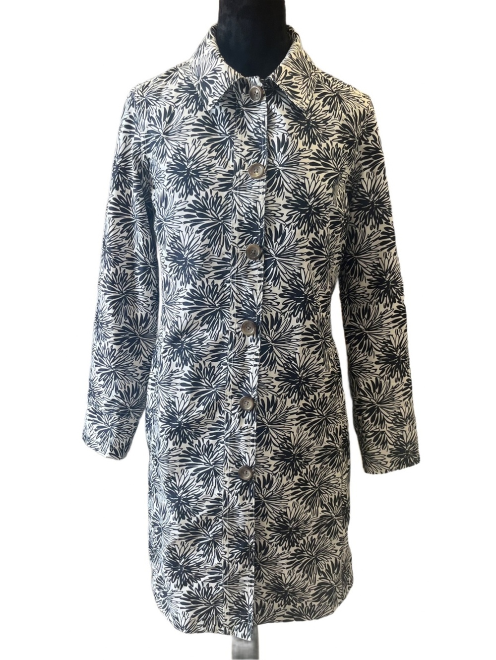 Lands End Womens Trench Coat Black/Cream Fireworks Burst Print Lined Small 6/8